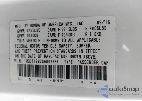 2016 Honda Accord Ex-L z USA, uszkodzony, nr VIN 1HGCT1B82GA007728